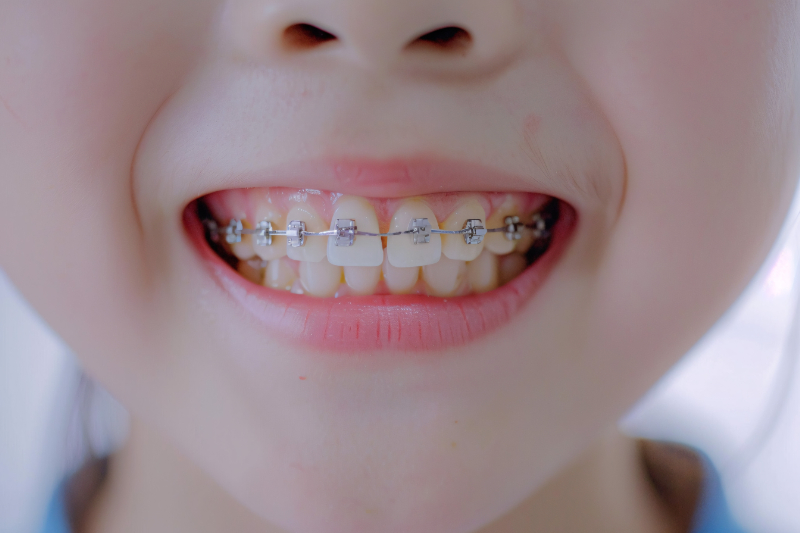矯正治療で八重歯を治療している子供