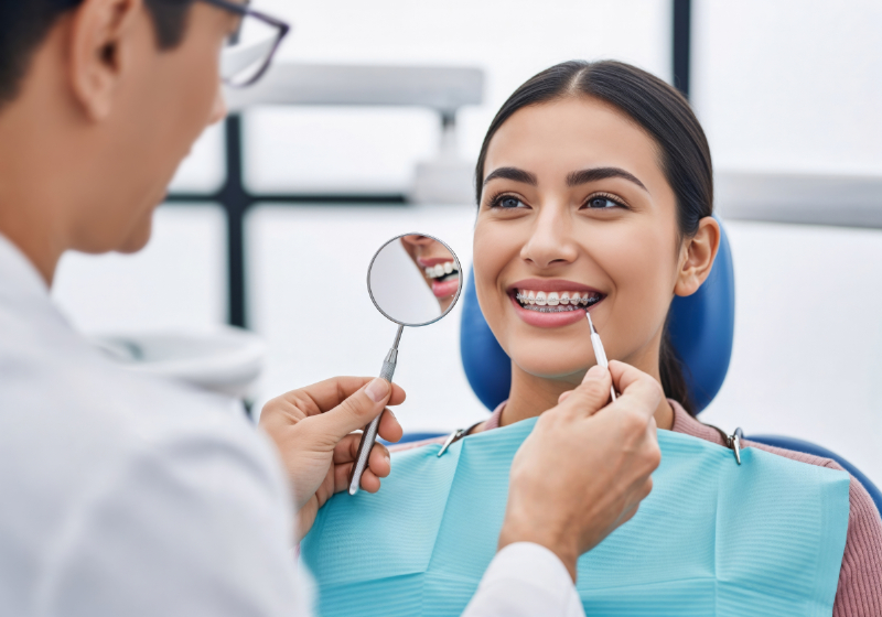 矯正用のワイヤーを装着した笑顔の女性