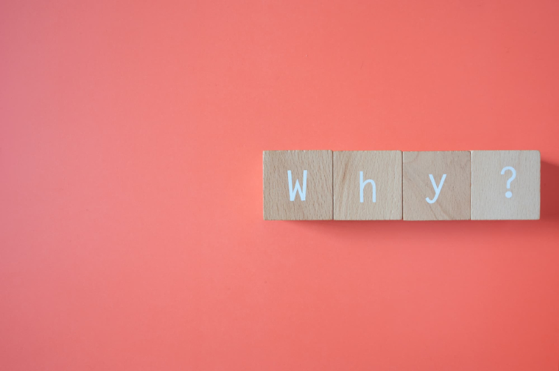 「why?」と書かれた木製ブロック