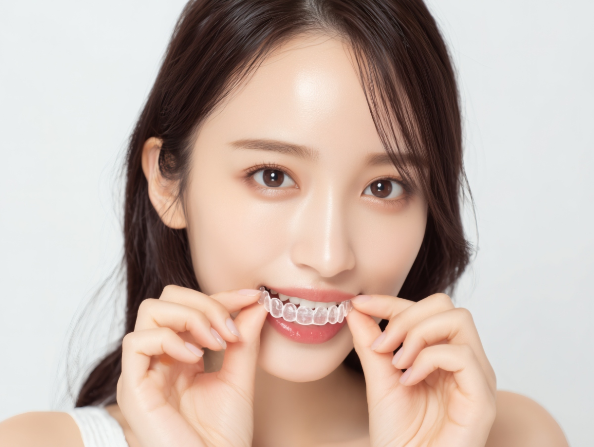 マウスピース矯正している女性
