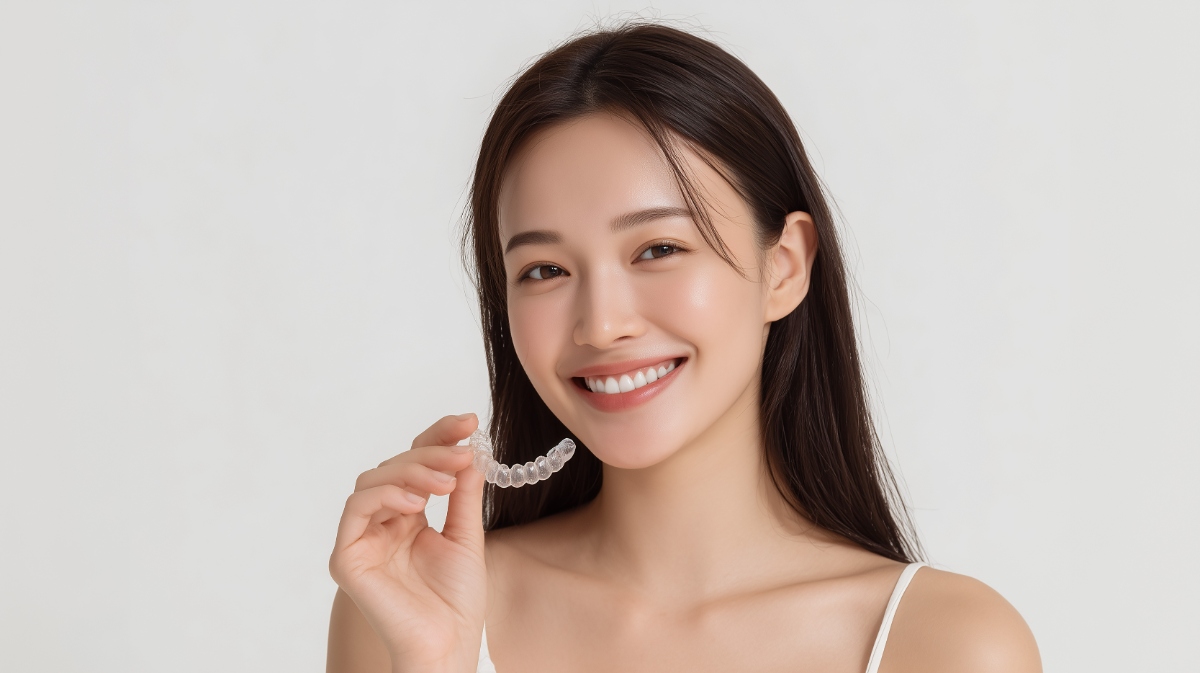 マウスピース矯正している女性